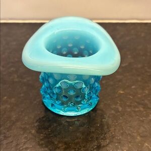Fenton Hobnail Glass Hat blue with milky rim (small)